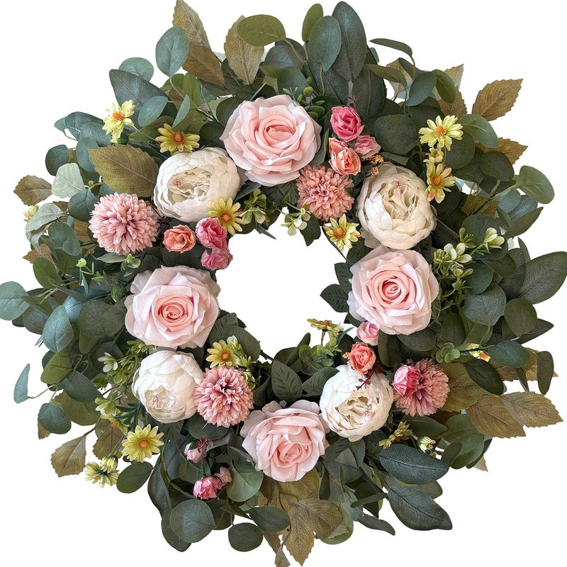 WANNA-CUL 24 Inch Spring Valentines Day Peony Wreaths for Front Door,Spring Mothers Day Wreath Gifts Decorations with Pink Rose and Pompon Button Chrysanthemum for Indoor&Outdoor Decor - Image 1
